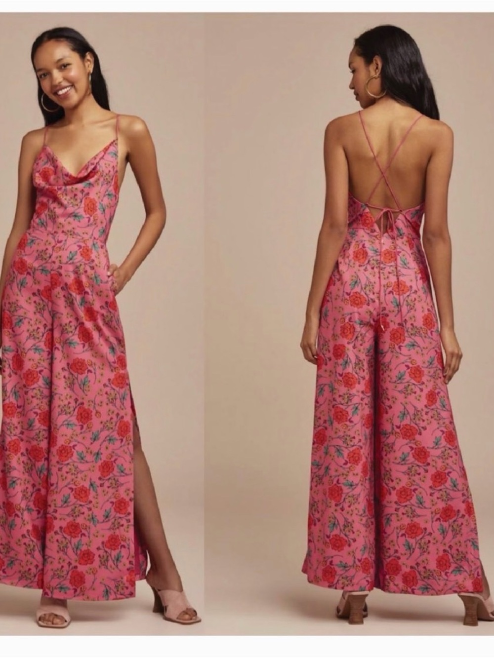 Finders Keepers Pink Floral Cowl-Neck Wide-Leg Jumpsuit